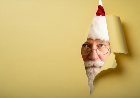 Portrait of Santa Claus looking through hole in yellow paper with copy spaceの素材