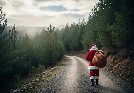 Santa Claus walking on the road in the forest. Christmas concept.の素材