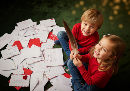 Cute little boy and girl playing with letters and envelopes.の素材