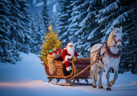Santa Claus in a sleigh pulled by a horse with a Christmas tree.の素材