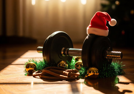 Fitness and healthy lifestyle concept. Dumbbells with christmas decoration.の素材