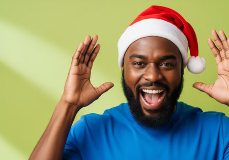 Portrait of young african american man in santa hat screaming, isolated on green backgroundの素材