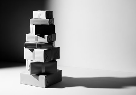 Pile of black and white gift boxes on a white background.の素材