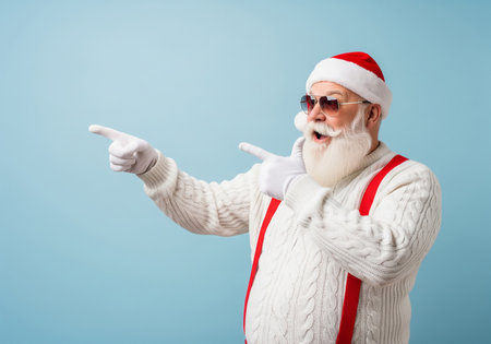 christmas, holidays, gesture and people concept - smiling man in santa claus costume pointing finger up over blue backgroundの素材