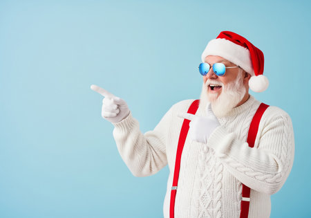 christmas, holidays, gesture and people concept - smiling man in santa helper hat pointing finger over blue backgroundの素材