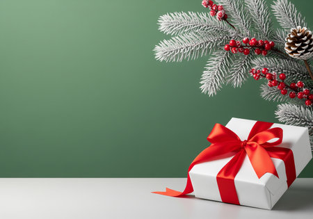 Christmas gift box with red ribbon and fir tree branch on green background.の素材
