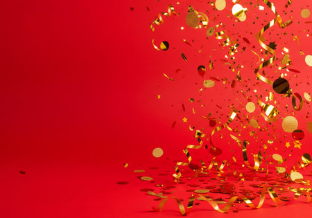 Celebration background with confetti and ribbons on red backgroundの素材