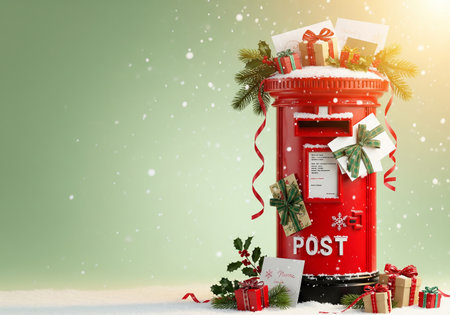 Post box with christmas gifts and decorations on green background. 3d renderingの素材