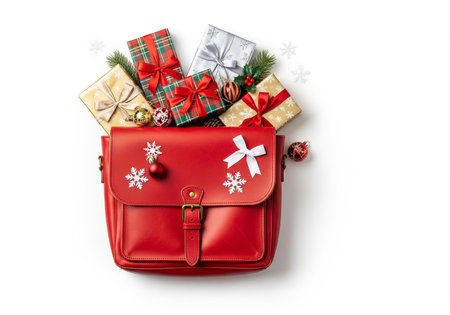 Red leather bag with christmas gifts and decorations on a white backgroundの素材