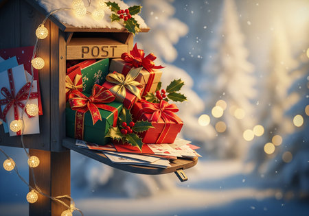 Gift boxes on a postbox. Christmas and New Year postcard.の素材