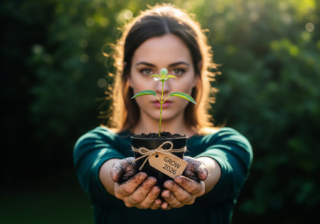 Young woman holding a seedling in her hands. Earth Day conceptの素材
