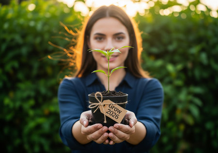 Young woman holding a seedling in her hands. The concept of Earth Day.の素材