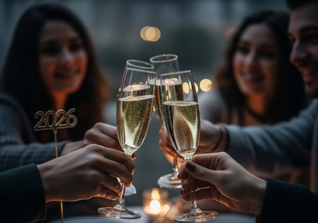 friends clinking glasses with champagne and smiling at new year eve partyの素材