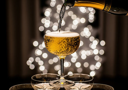 Pouring champagne into a glass with bokeh lights on backgroundの素材