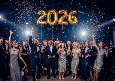 New Year is coming. Group of young people in formalwear dancing and smiling while celebrating new yearの素材