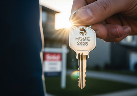 Real estate agent handing over keys to a new house, closeupの素材