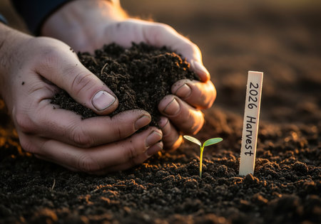 Human hands holding green seedling illustrating concept of new life and natural growingの素材