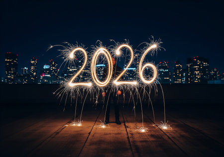 New Year 2026 concept. Happy New Year 2016 written with sparklersの素材