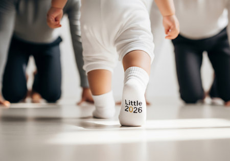 selective focus of mother and daughter in white socks standing on floorの素材