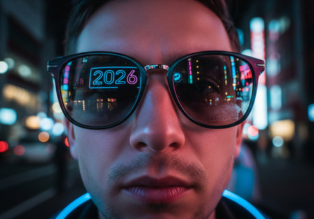 Close-up portrait of a young man in glasses on the street at nightの素材