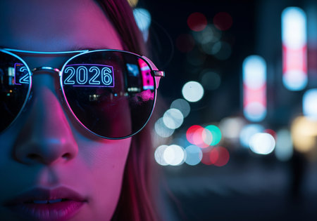 Portrait of a beautiful girl with sunglasses in the city at nightの素材