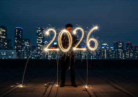 Businessman holding a sparkler in the form of the number 2026.の素材