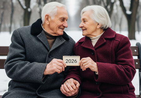 happy senior couple holding calendar with date of 2026 in park during winterの素材