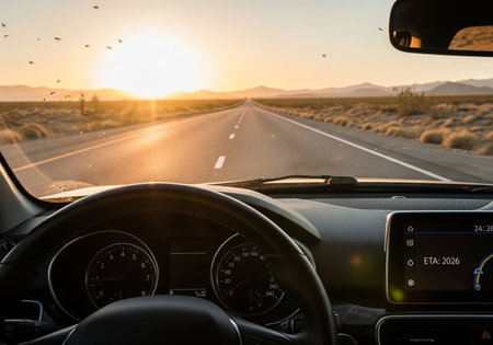 Driving a car on the highway in the desert at sunset.の素材