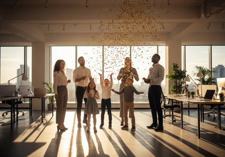 Happy business team throwing golden confetti in the air in modern officeの素材