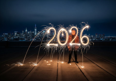 Silhouette of businessman with sparkler on city background. New year conceptの素材