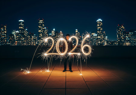 New Year concept with man with sparklers in the city at nightの素材