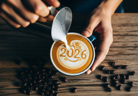Barista hands pour steamed milk to create latte art, featuring the year 2026 centered in the design. Symbolizes new beginnings, coffee culture, and morning goals.の素材