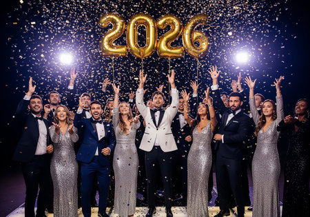 Group of happy young people celebrating New Year with golden 2026 balloon on black backgroundの素材