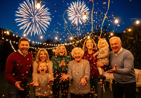 A multigenerational family gathers outdoors, beaming with happiness as vibrant fireworks illuminate the night sky. Confetti and string lights add to the festive atmosphere of this special moment.の素材