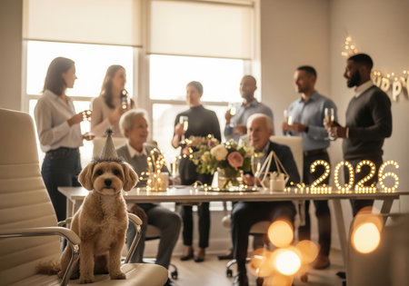 A joyful New Years Eve gathering featuring a multigenerational family, a charming dog, champagne, and festive decorations, celebrating the arrival of 2026 with warmth and togetherness.の素材