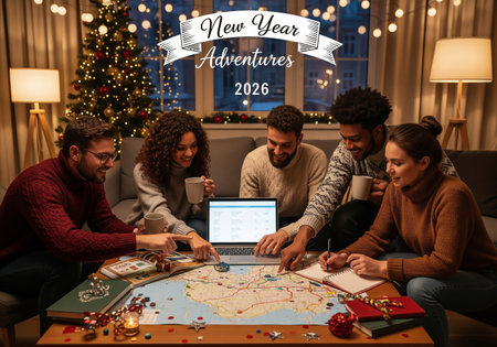 A group of friends gathered around a table, planning their 2025 adventures with maps, notebooks, and a laptop, creating a warm and festive atmosphere with a Christmas tree in the background.の素材
