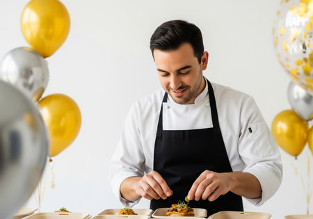 A skilled chef meticulously garnishes appetizers on a tray, surrounded by celebratory balloons, creating a joyful and culinary atmosphere. Focus on detail and presentation.の素材