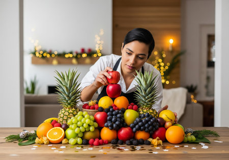 A focused woman carefully stacks and arranges a vibrant assortment of fresh fruits, creating a visually appealing display on a wooden table in a bright, modern home.の素材