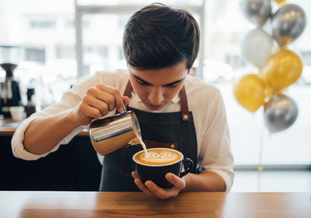A skilled barista carefully pours steamed milk into a coffee cup, creating latte art. The scene takes place in a bright, modern cafe setting with balloons in the background.の素材