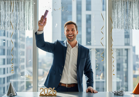 A smiling man in a suit raises a trophy in a bright, contemporary office setting with a city view, symbolizing success and accomplishment.の素材