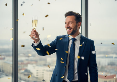 A smiling man in a suit raises a glass of champagne amidst falling confetti, symbolizing a victory or milestone in a high-rise office setting.の素材
