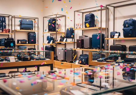A well-organized retail space showcases a variety of high-end luggage and travel accessories. The display features multiple shelves and glass cases, creating an inviting and upscale shopping experience.の素材