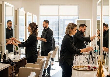 A bright, contemporary hair salon features stylists working with clients. Mirrors line the walls, reflecting the activity and creating a spacious feel. Professional atmosphere.の素材