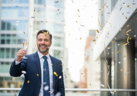 A smiling businessman in a suit raises a glass of champagne, surrounded by falling confetti, suggesting a successful achievement or joyous celebration in an urban setting.の素材
