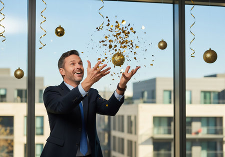 A smiling executive in a suit throws confetti in the air, celebrating a success with a backdrop of modern city buildings and a bright, clear sky. A joyful and optimistic scene.の素材