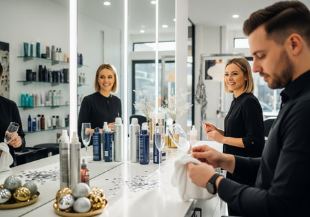 Three individuals in a modern salon setting examine hair care products and styling tools, likely planning or reviewing services for clients. The space is clean and well-lit, showcasing a professional atmosphere.の素材
