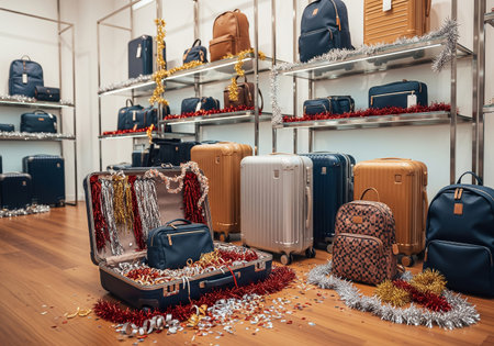 A high-end luggage store scene depicts a chaotic aftermath of a celebration, with scattered confetti and overturned displays of stylish suitcases and bags. A sense of surprise and disruption is evident.の素材