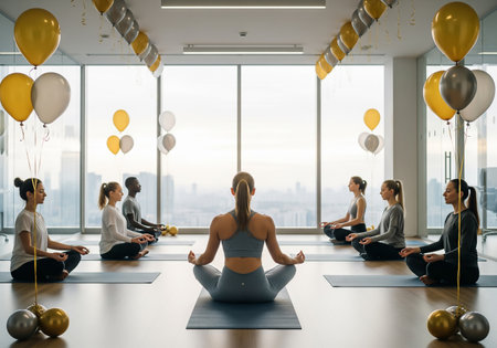 A serene yoga class takes place in a bright studio with large windows overlooking a cityscape. Participants are seated in a meditative pose, surrounded by celebratory balloons and banners.の素材
