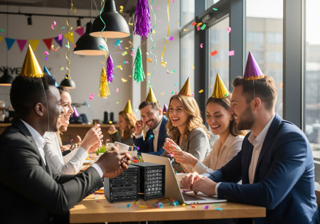 A group of colleagues are joyfully celebrating a milestone or achievement in a brightly decorated office setting, wearing party hats and enjoying a meal together.の素材