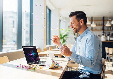 A cheerful man is excitedly gesturing while looking at his laptop screen in a bright, modern cafe. He appears to be celebrating a positive outcome or achievement.の素材